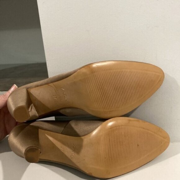 Zara Tan Satin Pumps Block Heels 37 - Picture 11 of 14